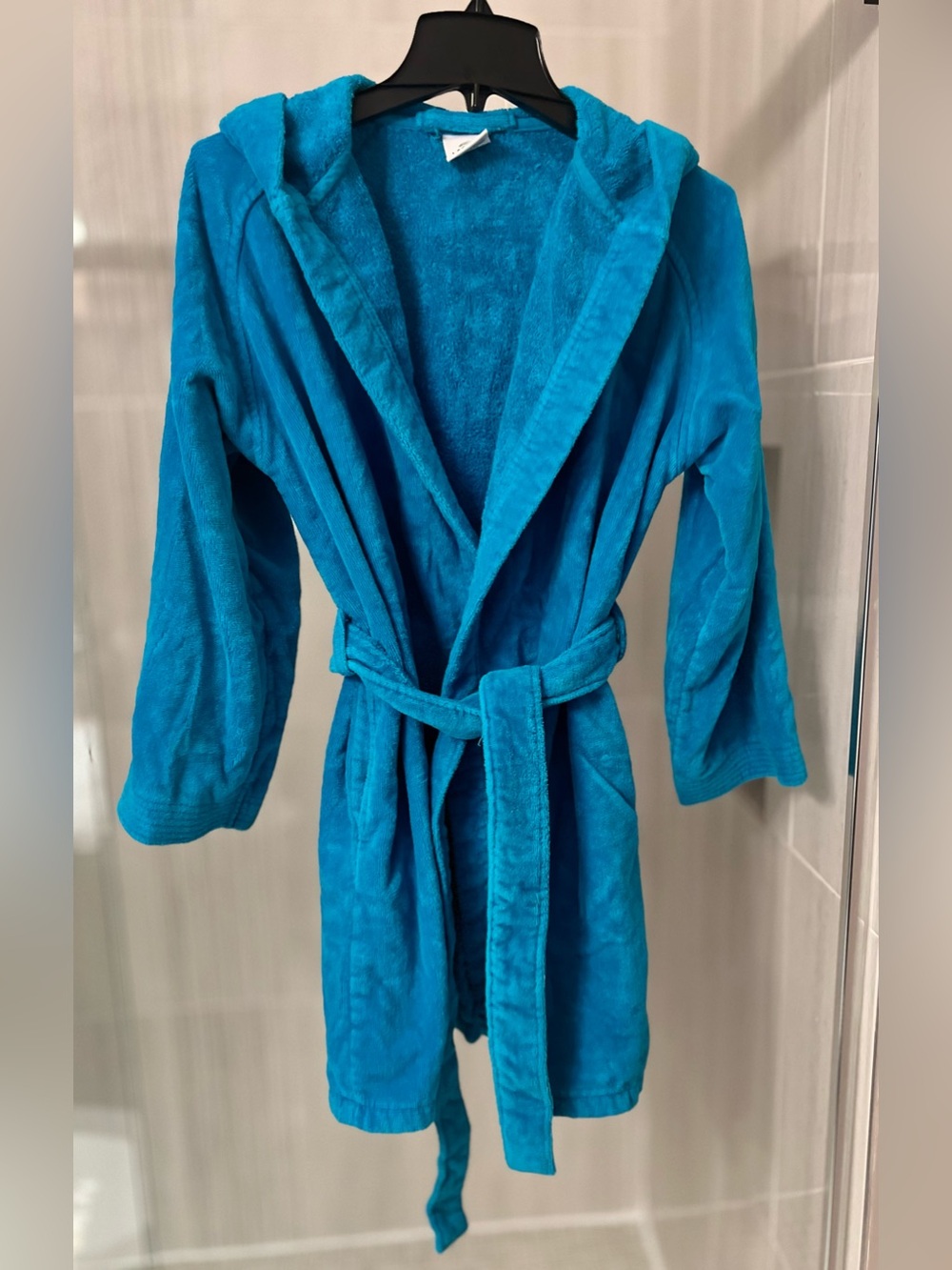 Lacoste Turquoise Blue Hooded Terry Cloth Bathrobe Belted Logo Patch